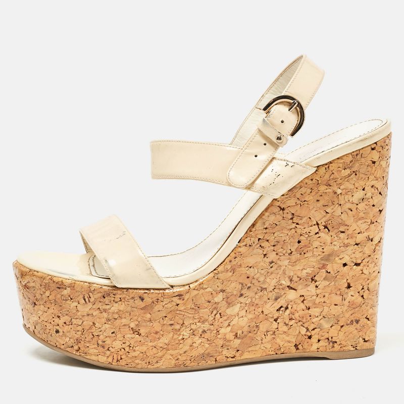 Sergio Rossi Cream Patent Leather Ankle Strap Cork Platform Wedge Sandals Size